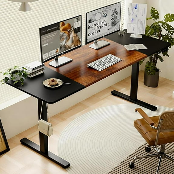 Electric Standing Desk, Adjustable Desk, Computer Desk with LED Display and Type-C Fast Charge, 55 Inch Double Beam Frame, Anti-Collision for Home Office, Black and Brown
