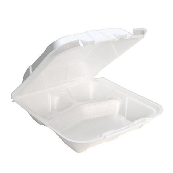 Foam Hinged Lid Containers - 9x9x3.25", 3-Compartment White Foam Takeout Containers - Insulated Food Containers with Lids - 150 Pack