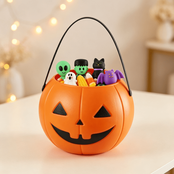 Squishy Party Favors in Jack-o'-Lantern Treat Pail,Multicolor Squishy Halloween Characters Set,Reusable Pumpkin Storage Pail for Party Favors and Treats