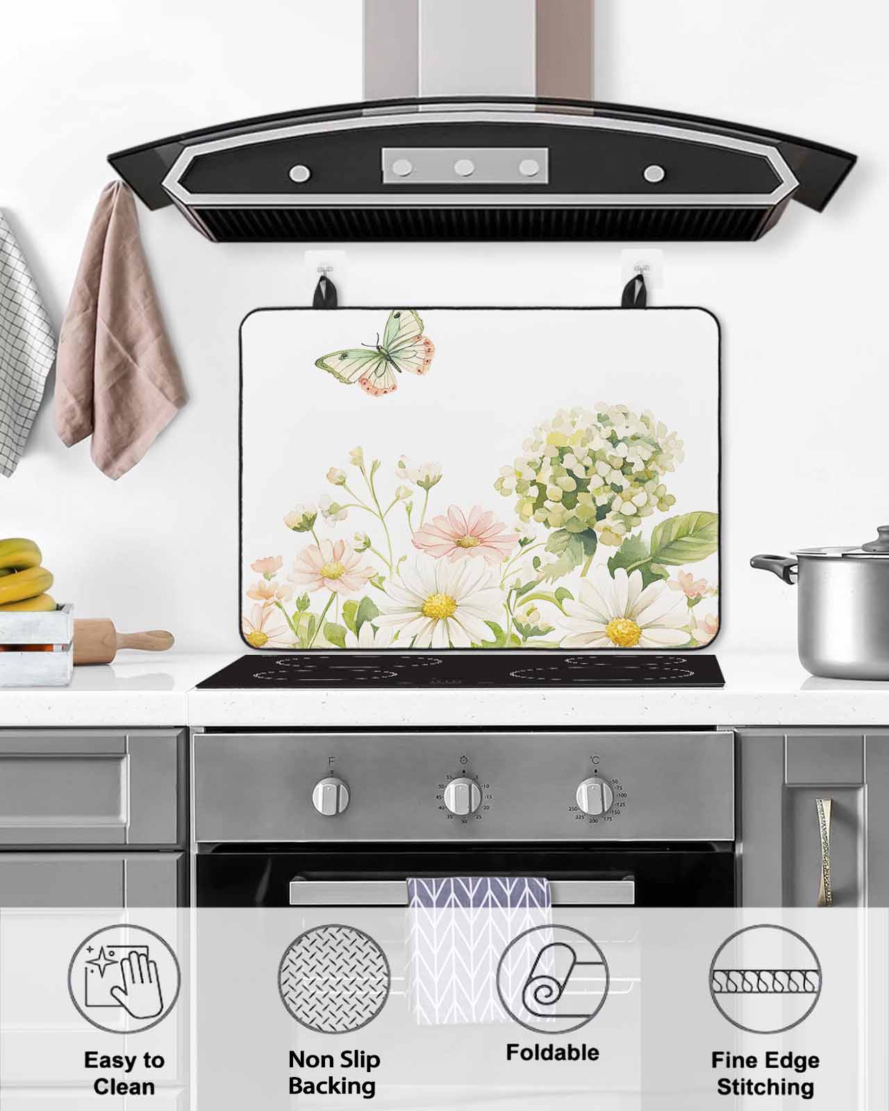 nqOlkjepod Large Induction Cooktop Protector Mat 24"x21", White Spring Floral Stove Top Covers for Electric Stove, Farmhouse Flower Summer Botanical Stove Burner Cover Mats, Glass Top Stove Cover