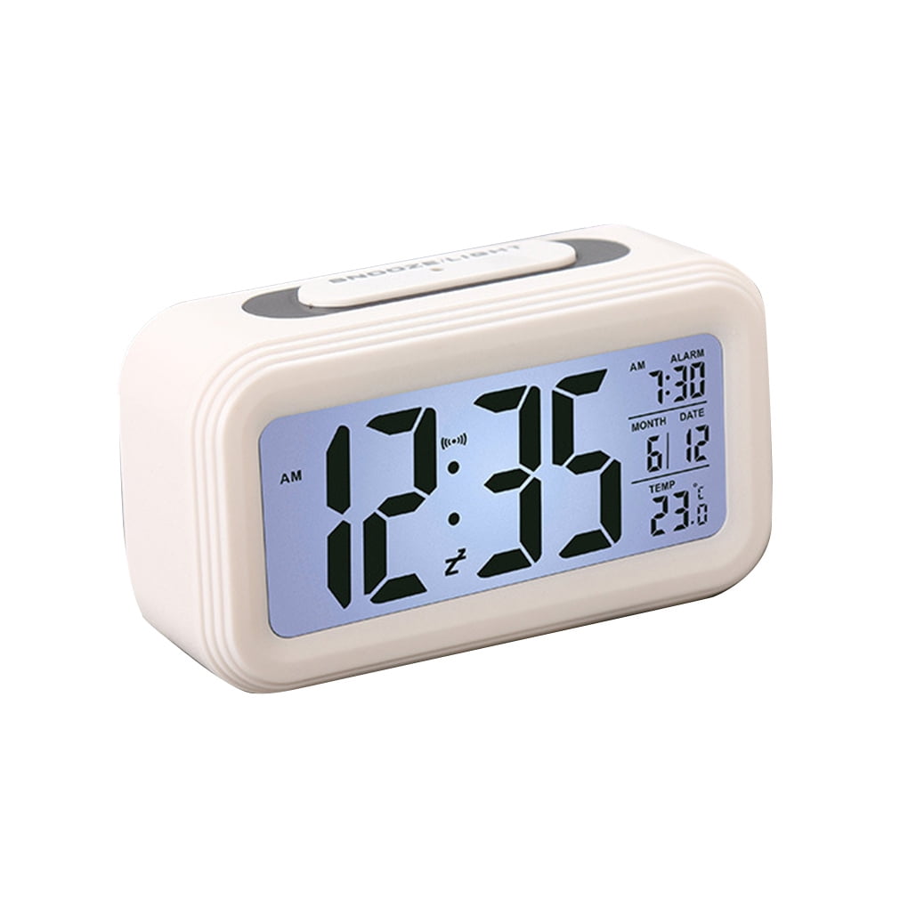 Alarm clock Mini Home Travel office degital LED Square clock kids Adult desk Bedside LED Backlight Snooze clock with Time Temperature Date Calendar battery Operated White 