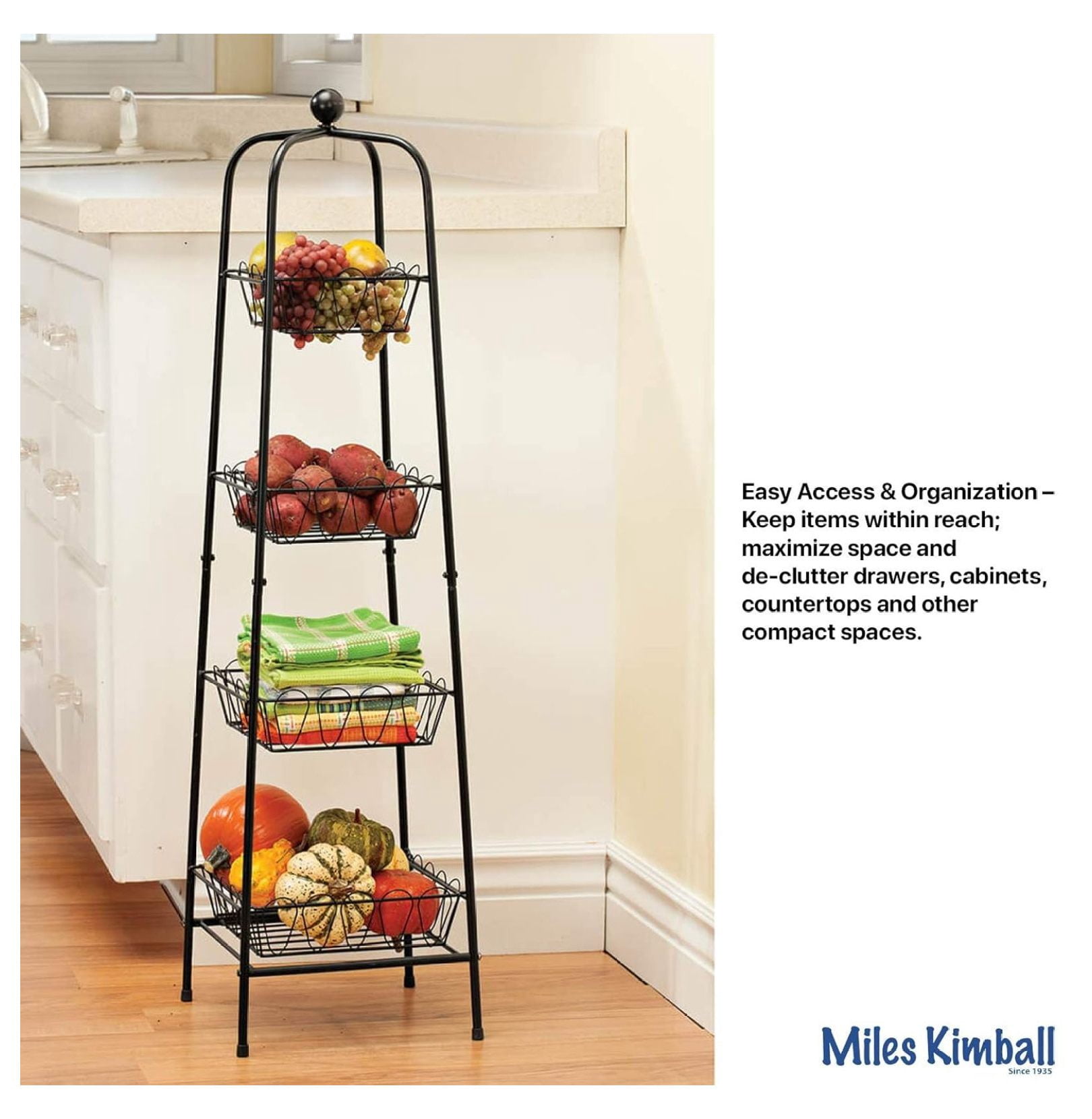 4-Tier Metal Basket Stand for Storage and Organization, One Size Fits All