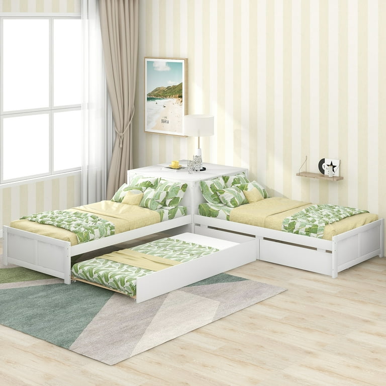 Pine L-Shaped Twin Platform Bed - Trundle & Storage Drawers