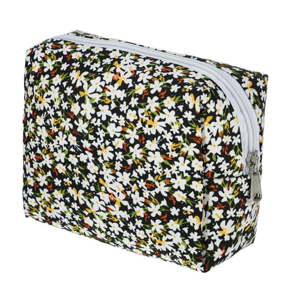 1 Pc Women Lightweight Flower Cosmetic Bag for Vacation Business Travel Black Polyester