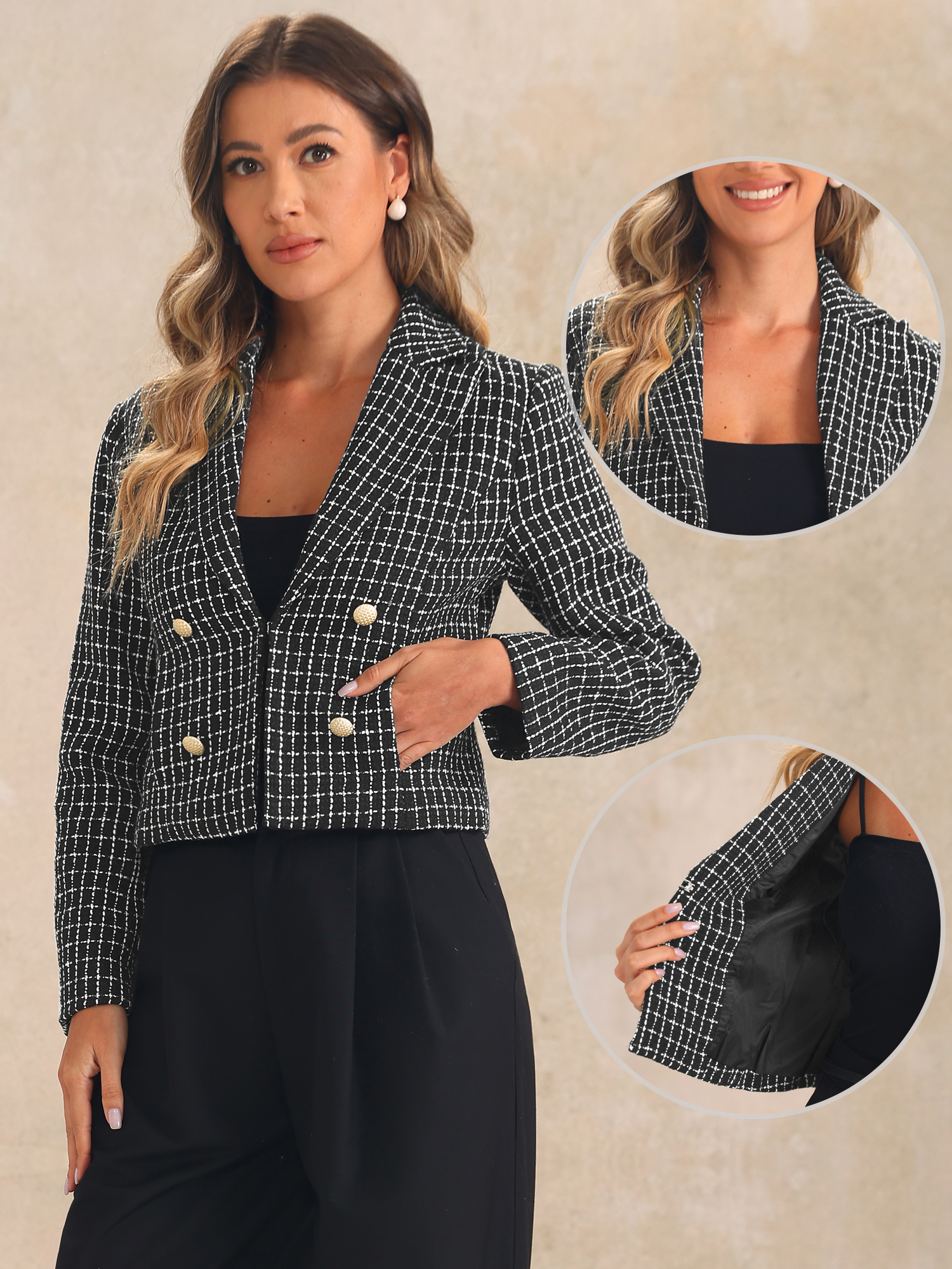DARING DIVA Tweed Cardigan Notch Lapel Buttons Long Sleeve Blazer M Black