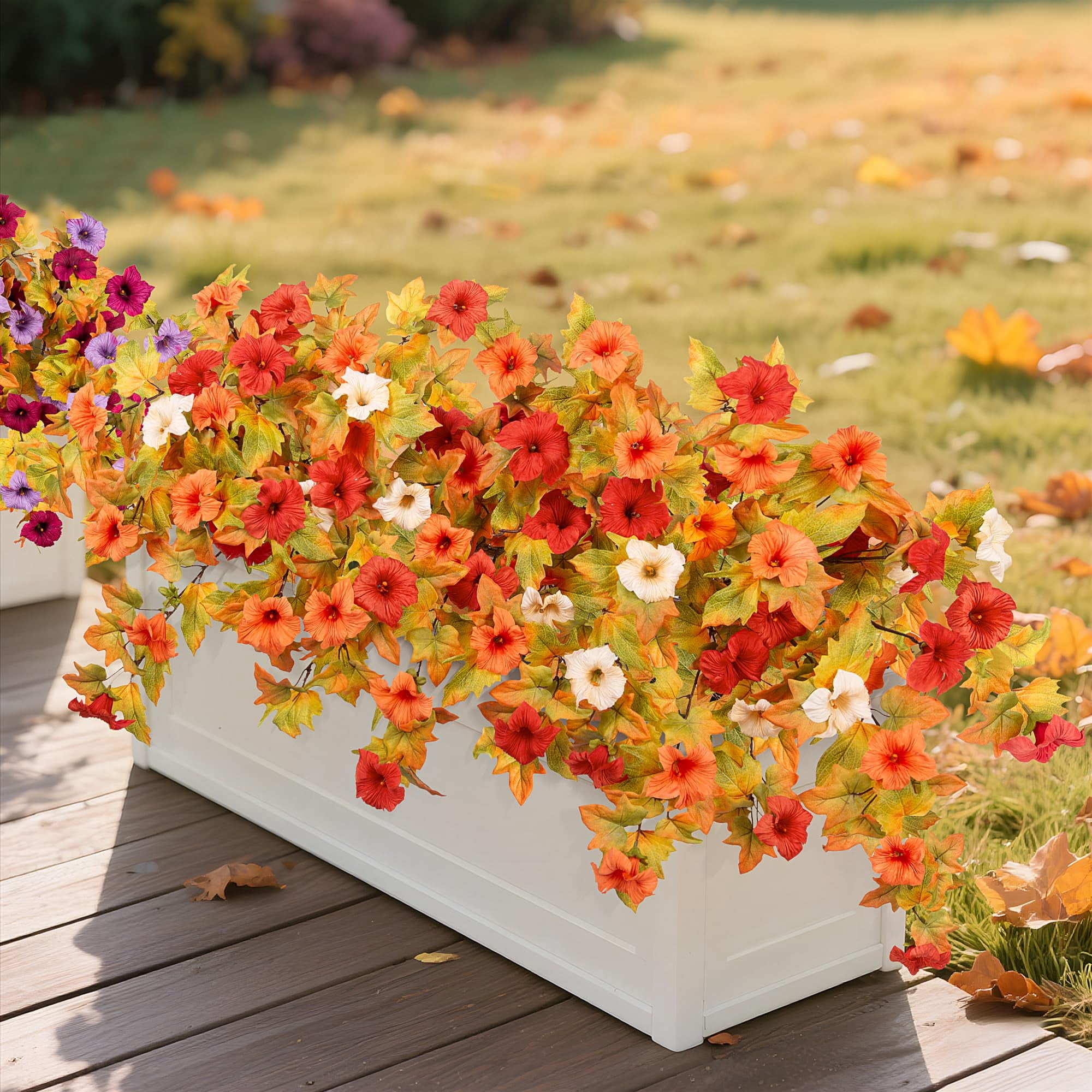 TETOU 2Pcs Artificial Fake Fall Flower for Outdoor, Faux Petunias Silk Flower UV Resistant No Fade for Fall Halloween Thanksgiving  Garden Balcony Yard Porch  Indoor Outdoor Decoration (Orange White)
