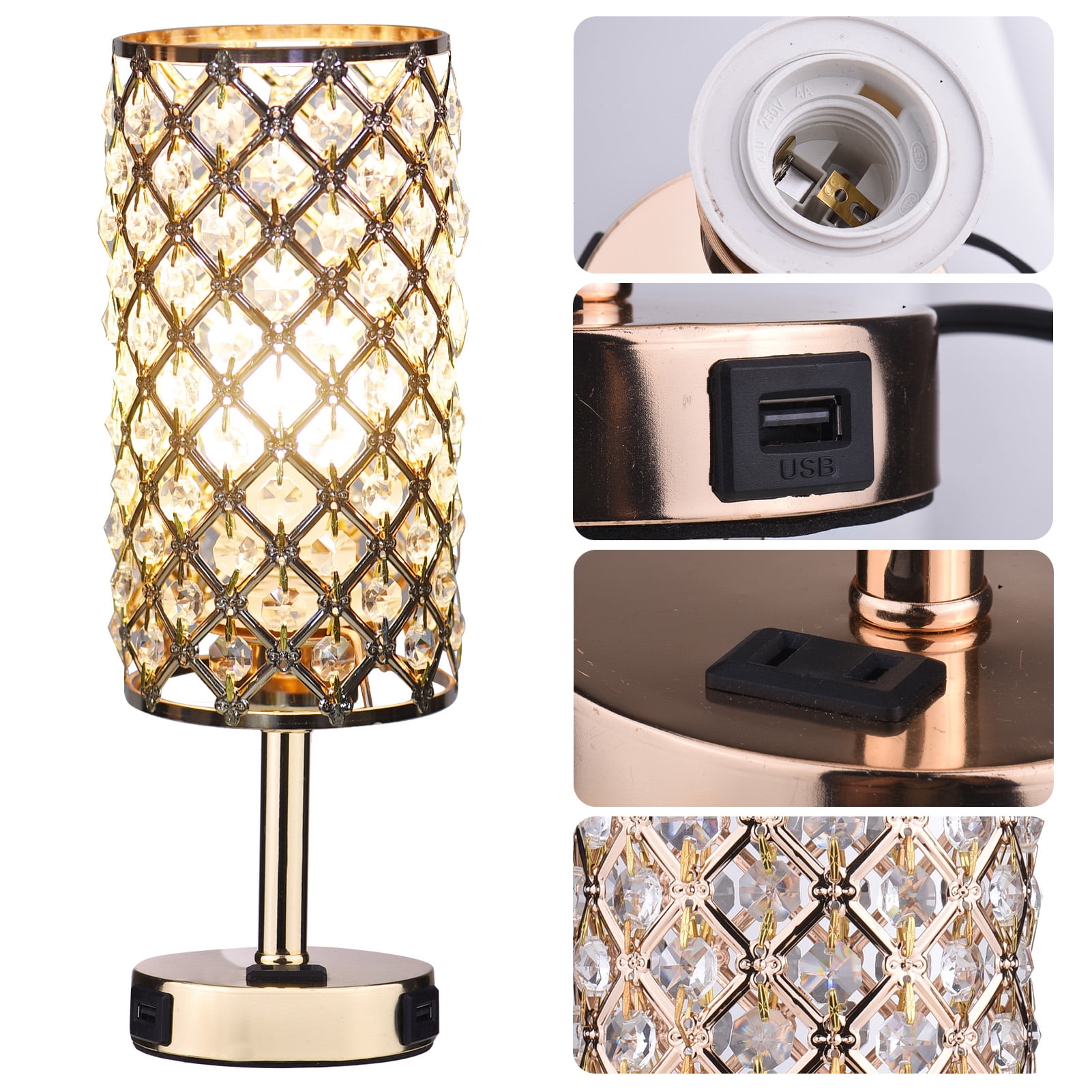 Neoglint 13-inch Crystal Touch Control Table Lamps, Set of 2 Gold Nightstand Lamps with USB C/A Ports & AC Outlet, 3-Way Dimmable Modern Bedside Lamp for Bedroom (Bulbs Included)