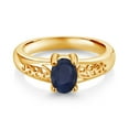 thumbnail image 2 of Gem Stone King 1.00 Cttw Oval Blue Sapphire 18K Yellow Gold Plated Silver Ring for Women | Oval 7x5mm | Wedding Engagement Anniversary Promise Ring for Women, 2 of 5