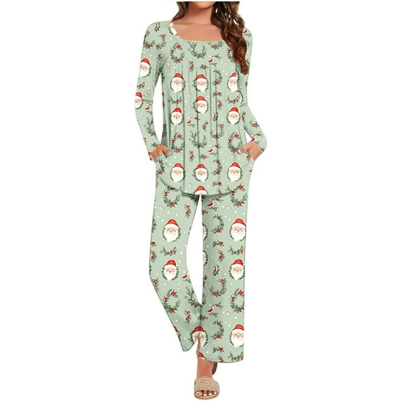 asdoklhq Womens Pajamas Fashion Women Christmas Print Neck Fold Long Sleeves Elastic Waist Trousers Pajama Set Green 2X
