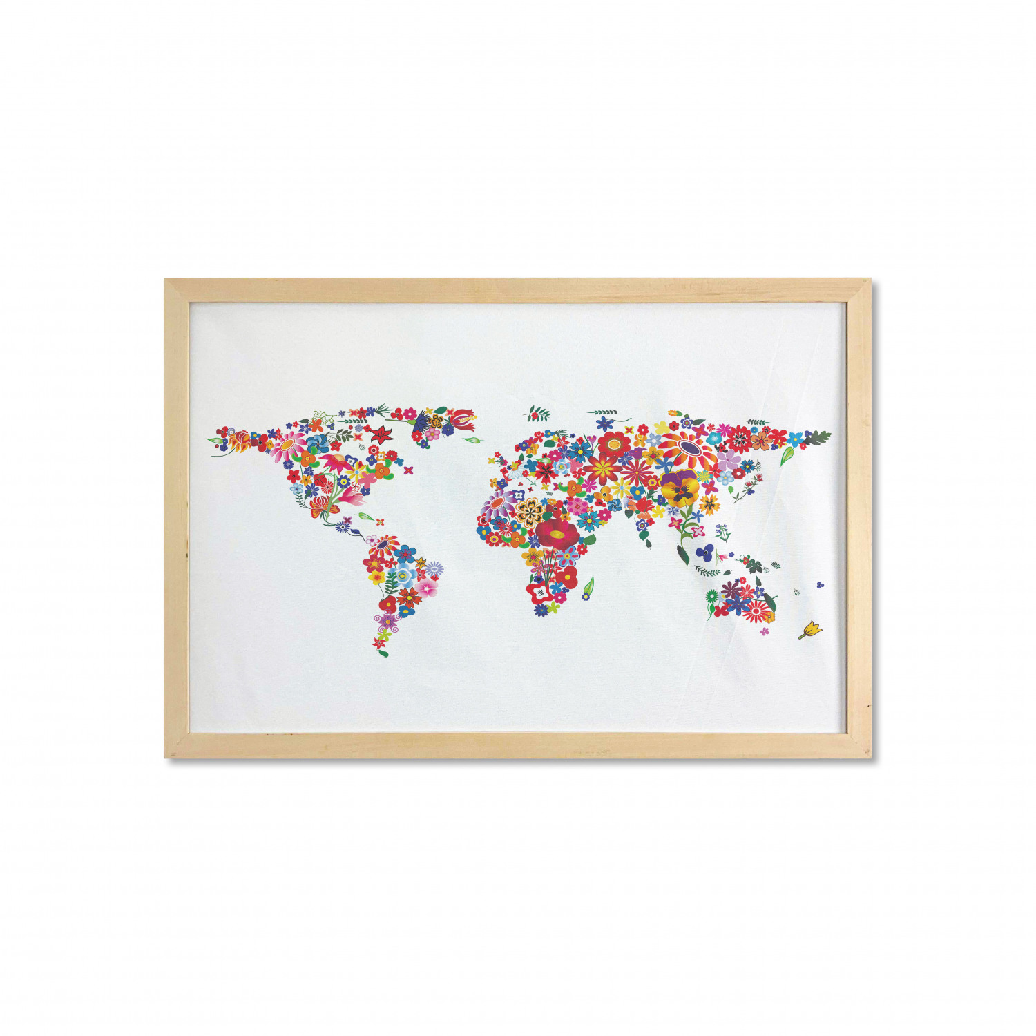 Floral World Map Wall Art with Frame, Bunch of Flower Petals Essence ...