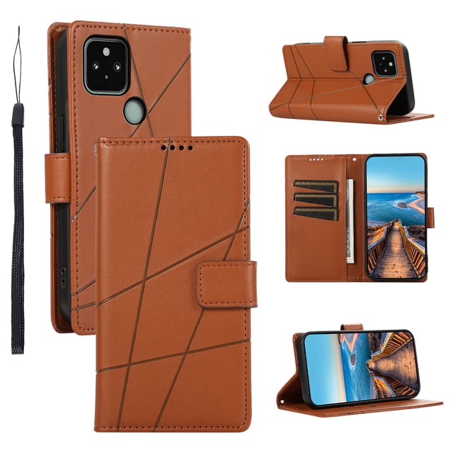 Google Pixel 5 Case ,Vintage PU Leather Flip Cover Card Slots Magnetic Kickstand Hand Strap Case for Google Pixel 5