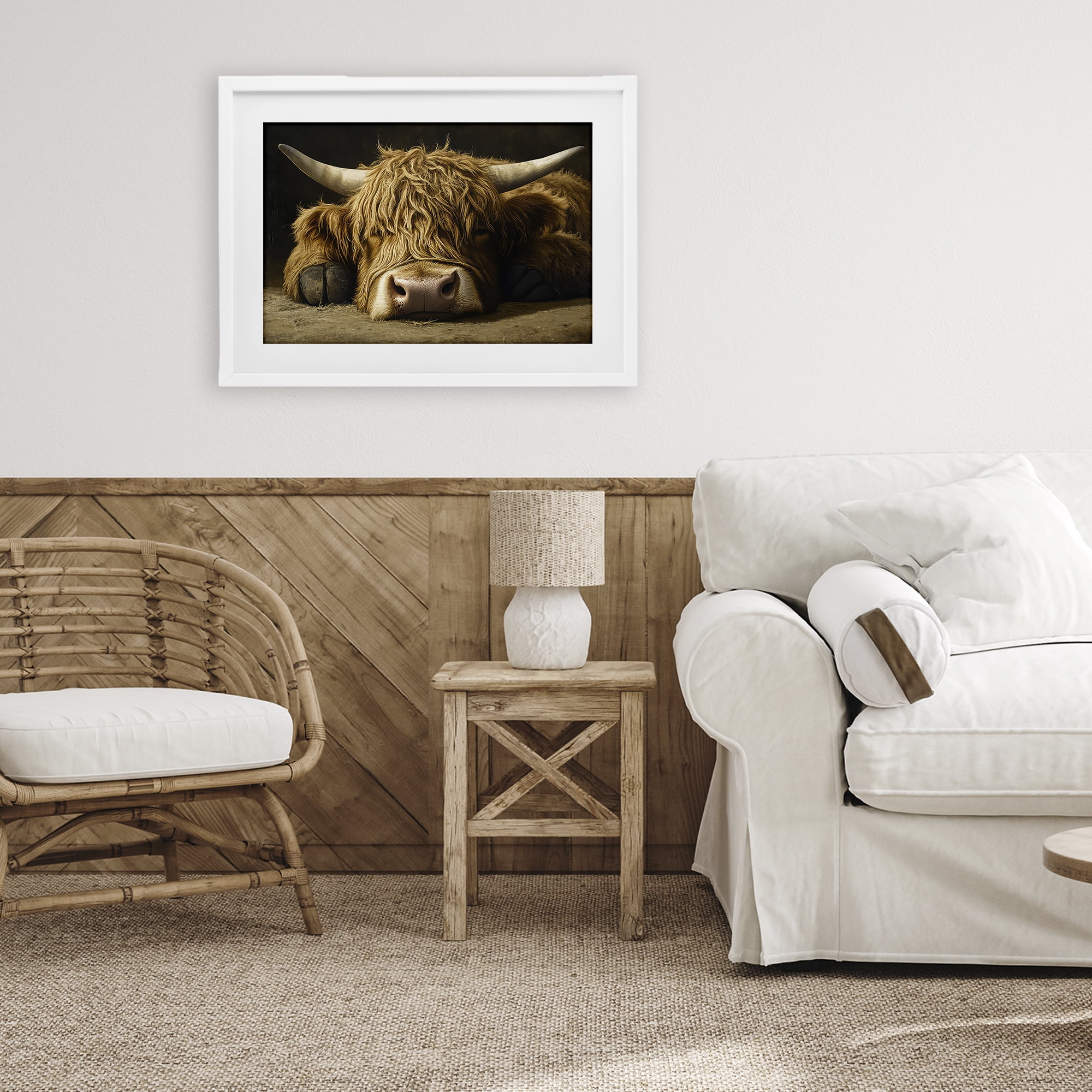 Stupell Industries Sleeping Highland Cow & Hoof White Framed Print Under Glass, design by The Wands Want