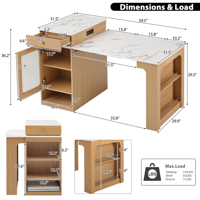 Bellemave 60" Kitchen Island with Extendable Dining Table and Power Outlet, Mobile Kitchen Storage Islands with 2 Storage Drawers, Rolling Islands Cart with Extra Rows Open Shelves（Natural)