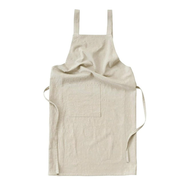Delantal de lino con babero de bolsillo, delantal de , camarero, camarera, suave para mujeres y hombres, para trabajos de jardinería, barbacoa, Beige