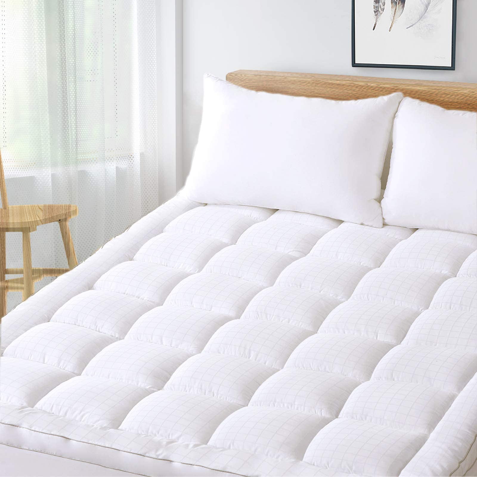Mattress Topper Bed Pad Pillow Top Cover Quilted Fitted Deep Pocket Cool White 