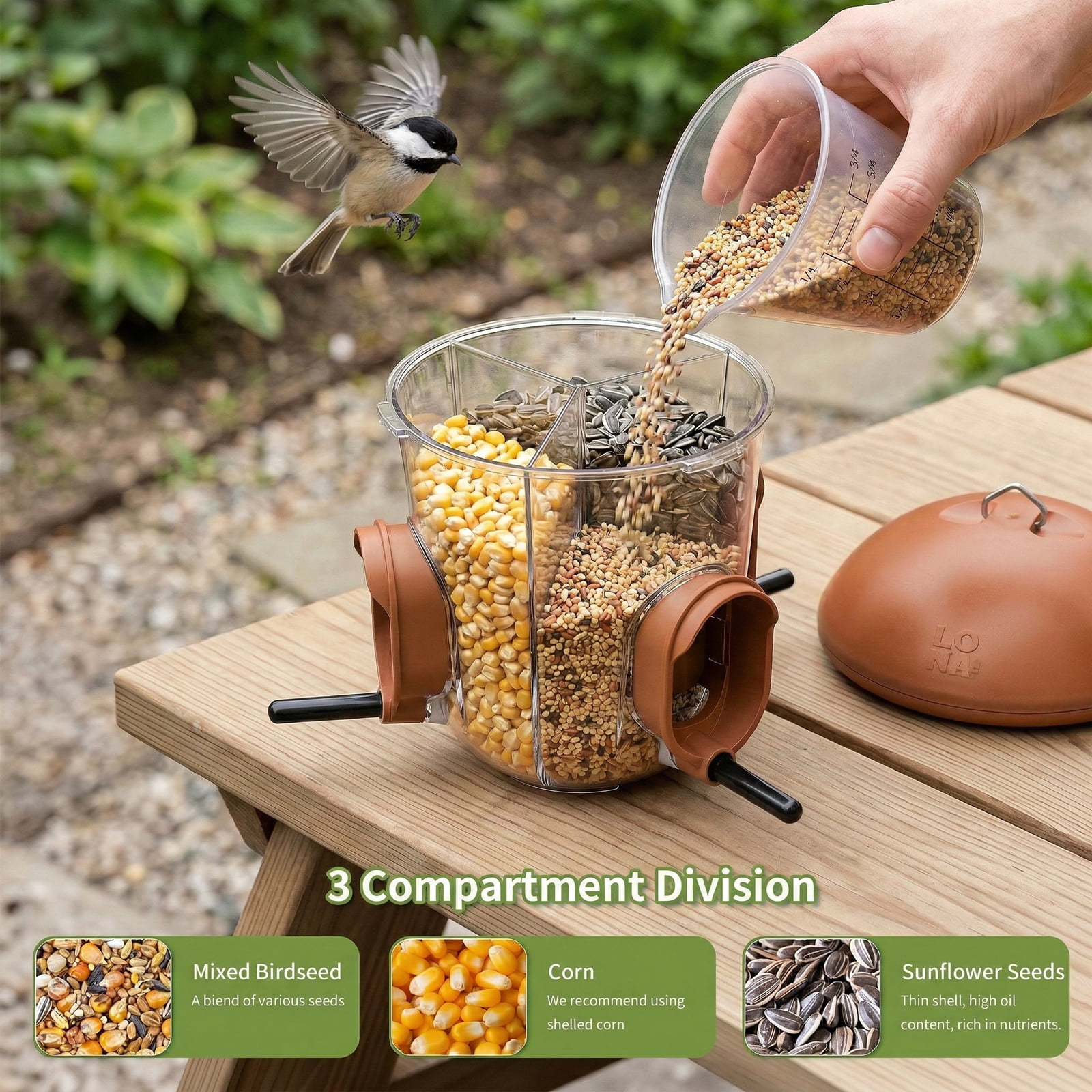 LONA-S610 Outdoor Bird Feeder, 3-Compartment Hanging Feeder with Weatherproof Dome & 3 Ports (Brown)