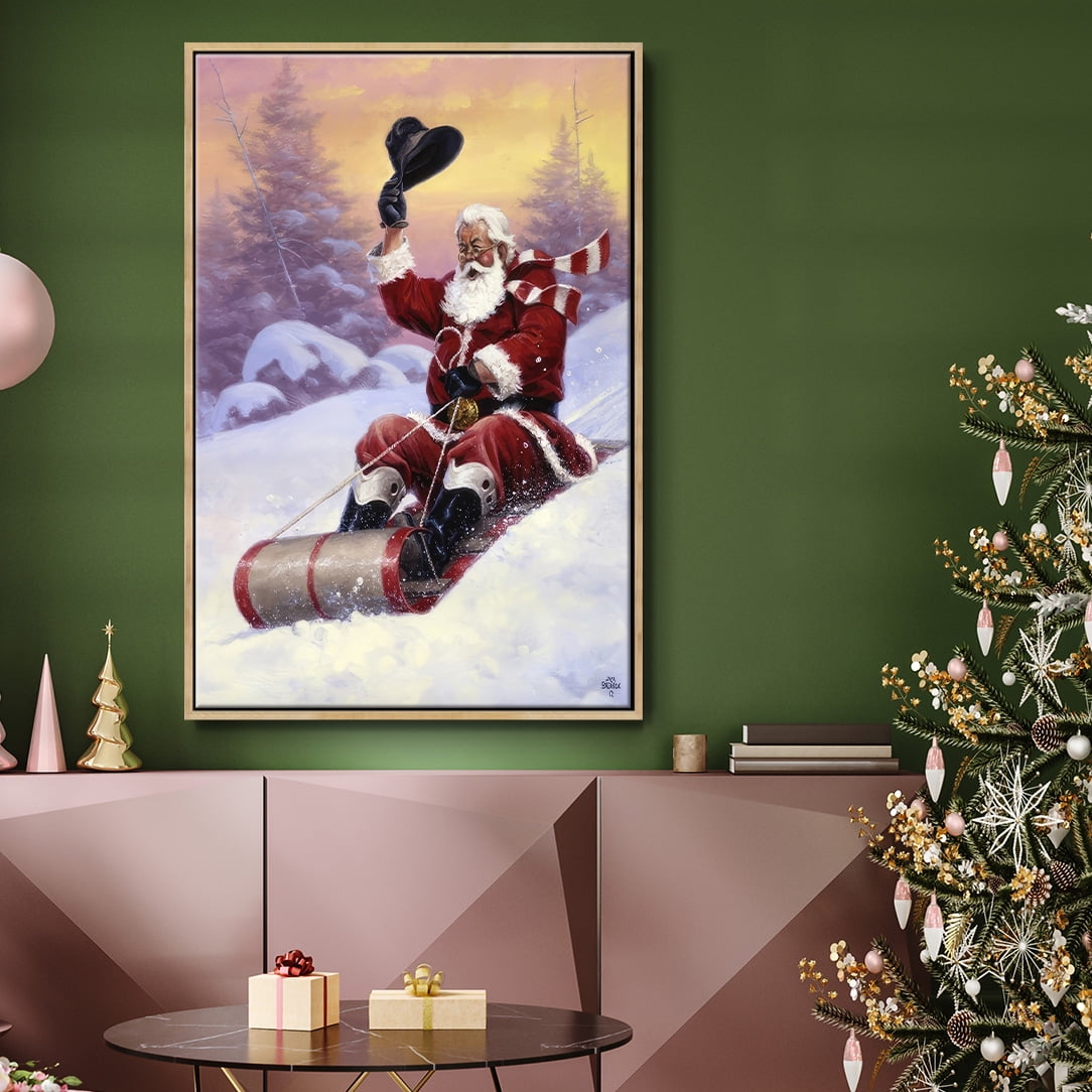 Here Comes Santa - Framed Gallery Wrapped Holiday Canvas - 17 x 25 - Natural Wood Frame