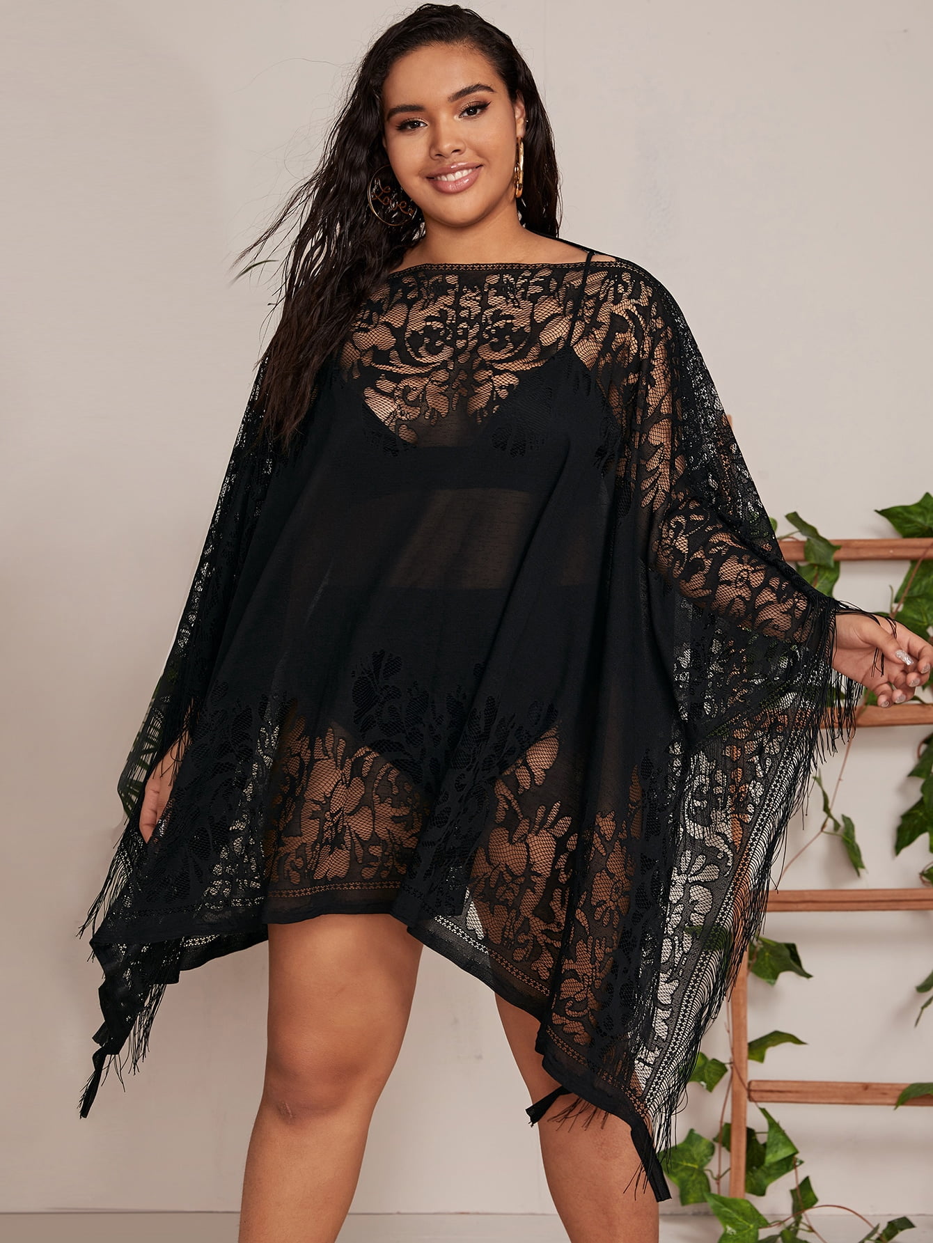 Fringe Hem Sheer Mesh Cover Up Boho 