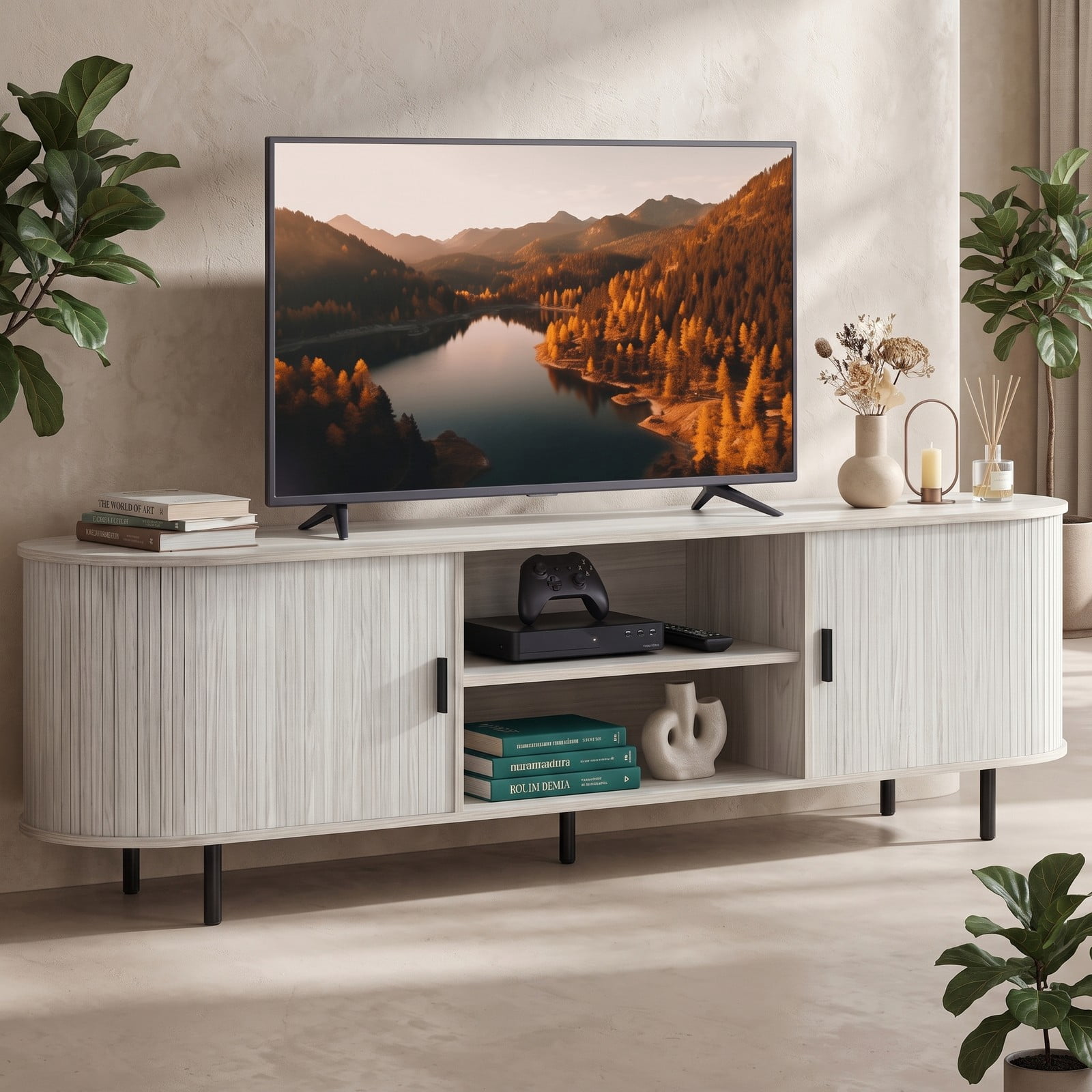 Furnibear 80 Inch TV Stand Mid Century Modern Entertainment Center with Fluted Sliding Doors, Wood Media Console with Storage Cabinets for Living Room, Natural