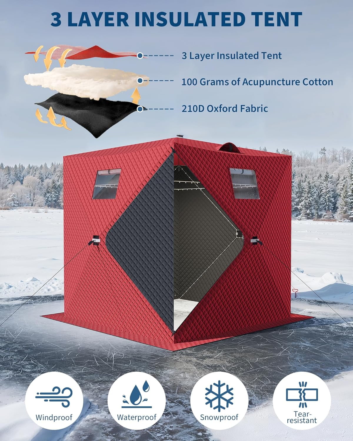 Lumiparty Pop Up Ice Fishing Tent Fully Insulated, Portable 1-2 Person Ice Fishing Shelter, Waterproof Oxford Fabric, Winter Windproof Hut Snow Hub with Anchors, Ropes & Carry Bag, Red