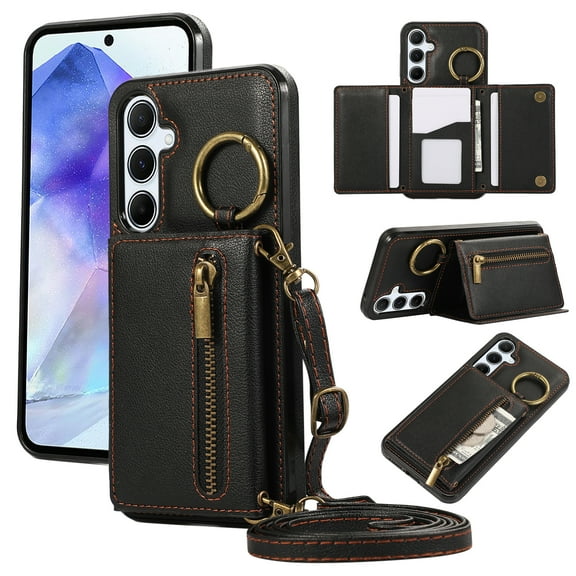 Crossbody Wallet Case for Samsung Galaxy S24, with Shoulder Strap Card Slots Ring Holder, Magnetic Flip Folio Zipper Purse Case, PU Leather Kickstand Cover Handbag for Galaxy S24, Black