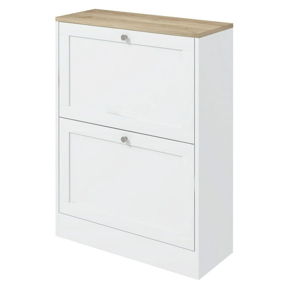SAZYY Slim Shoe Storage Cabinet with 2 Drawers and Adjustable Shelves for 12 Pairs, Modern White Design for Entryway