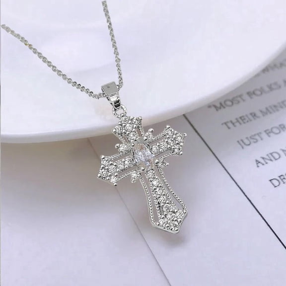 Gifts for women-Minimalist Cross Pendant Necklace Dainty Silver Chain with Zircon Stones
