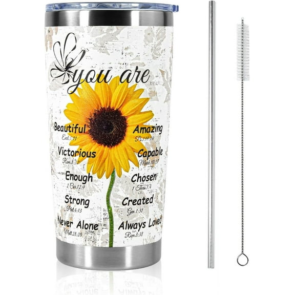 Christian Gifts for Women 20oz Sunflower Tumbler Stainless Steel Double Wall Vacuum Insulated Coffee Mug Travel Cups for Wife Mom Daughter Sister Friend Coworker, Metal Straws and Brush