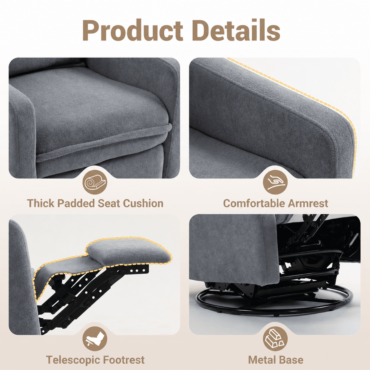 Paproos Swivel Rocker Recliner, Velvet 360°Swivel Rocking Recliner, Glider Rocking Chair for Nursery, Small Rocker Chair for Small Space, Manual Recliner for Adults for Home Theater, Gray