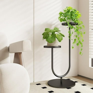 Bamworld Tall Plant Stand Indoor Outdoor, Corner Metal Plant Shelf, 2 Potted Flower Pot Holder for Patio Garden Balcony Living Room Bedroom（Black）
