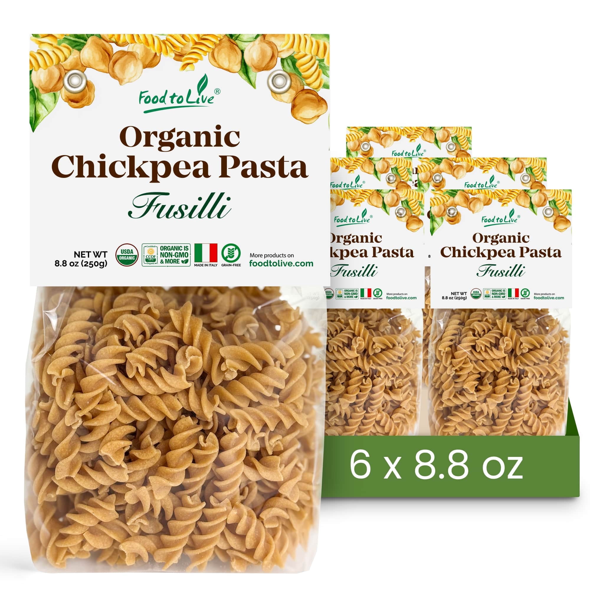 Organic Chickpea Fusilli Pasta, 8.8 OZ (Pack of 6) — Non-GMO, Single Ingredient. No Additives. Made in Italy