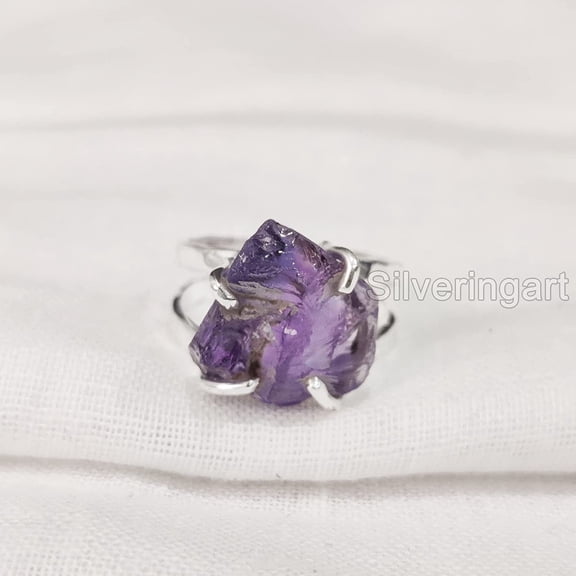 Natural Amethyst Ring, Rough Amethyst Gemstone Ring, Feb Birthstone, Hammered 2 Band, 925 Sterling Silver, Womens Ring, Christmas, Thanksgiving, Handmade, Statement Jewelry, Rough Gemstone Jewelry