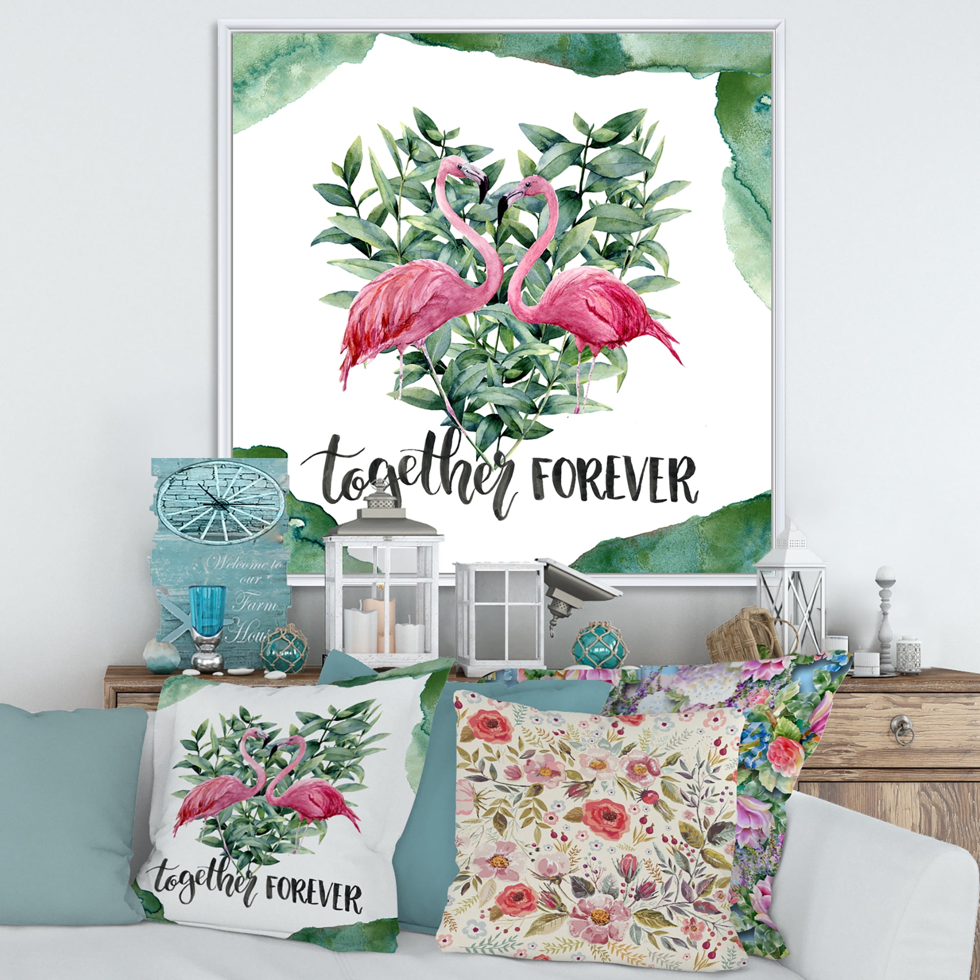 Designart 'Eucalyptus Leaves With Flamingo Floral Heart' Traditional Framed Canvas Wall Art Print