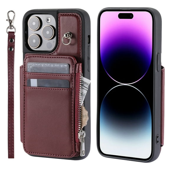 ELEHOLD for iPhone 15 Pro PU Leather Wallet Case,RFID Blocking Card Slots Magnetic Closure Detachable Wrist Strap Lanyard Wallet Crossbody Strap Case for iPhone 15 Pro,Winered