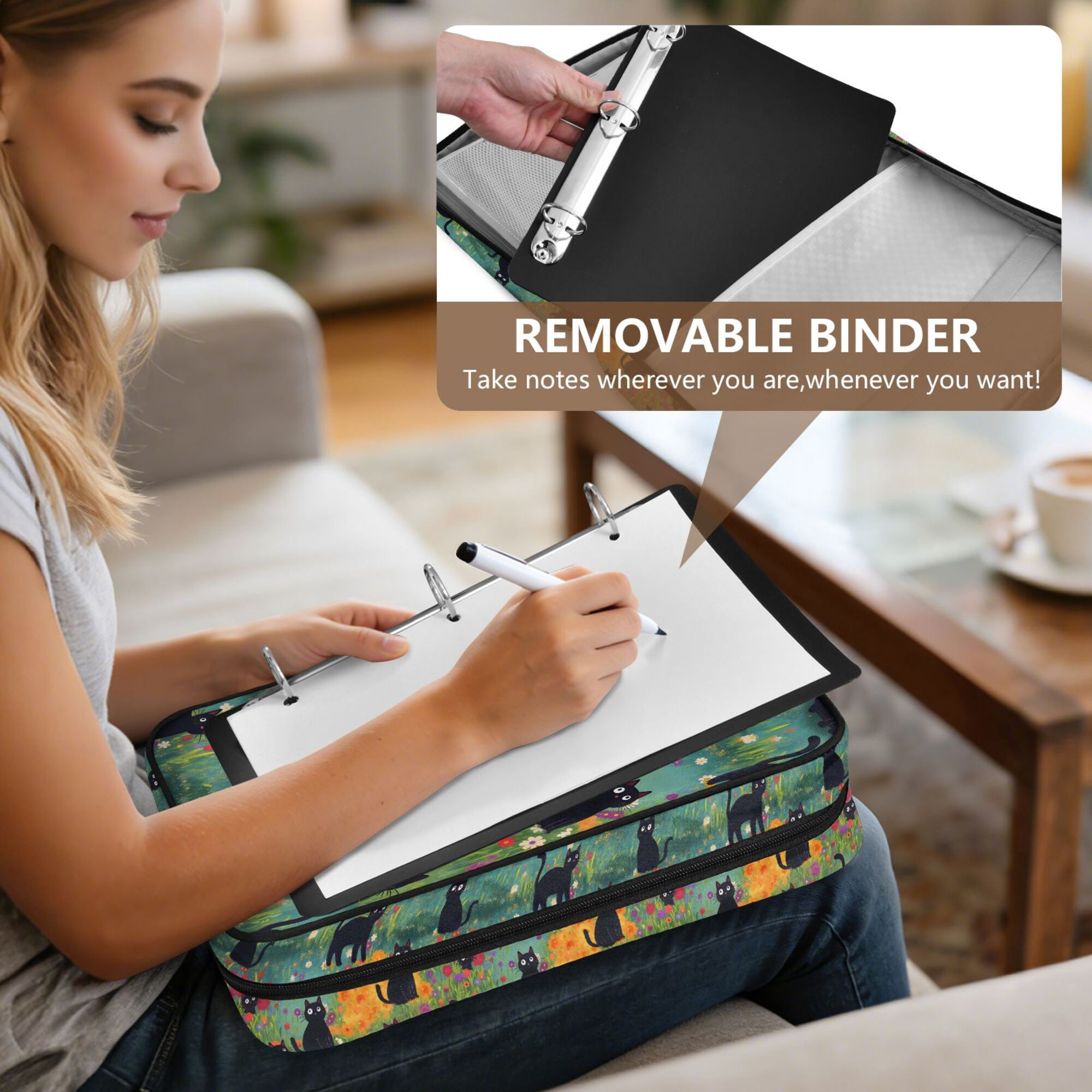 FORMRS Accordion File Folder A4 Size 7-Pocket Expanding Document Organizer Bag with 3 Ring Binder, Floral Black Cats Pattern