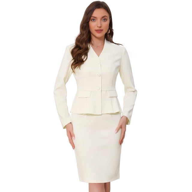 Conjuntos de trajes para mujeres INSPIRE CHIC, atuendos de negocios, blazer peplum sin cuello, falda lápiz formal, conjunto de 2 piezas, color crema blanco