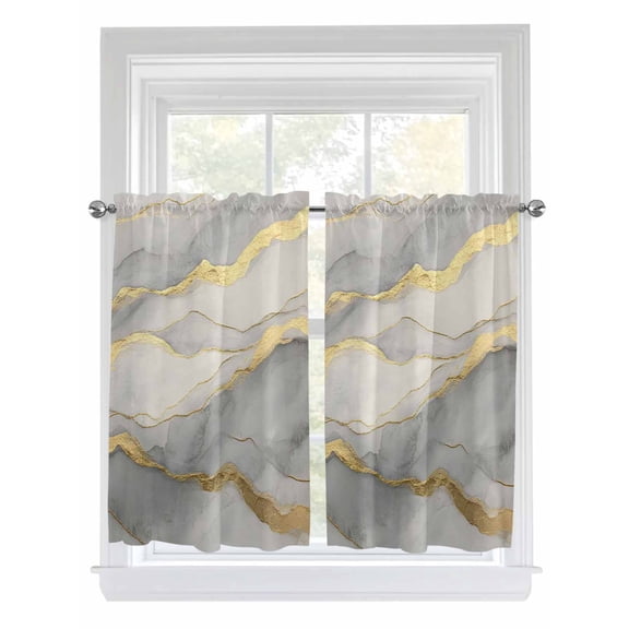 Tier Curtains 45 Inches Long, Marble Grey Window Treatment Curtain Drapes, Modern Gold Luxury Neutral Texture Small Curtain Drapes for Bathroom Laundry Room, 27.5"x45", 2 Panels