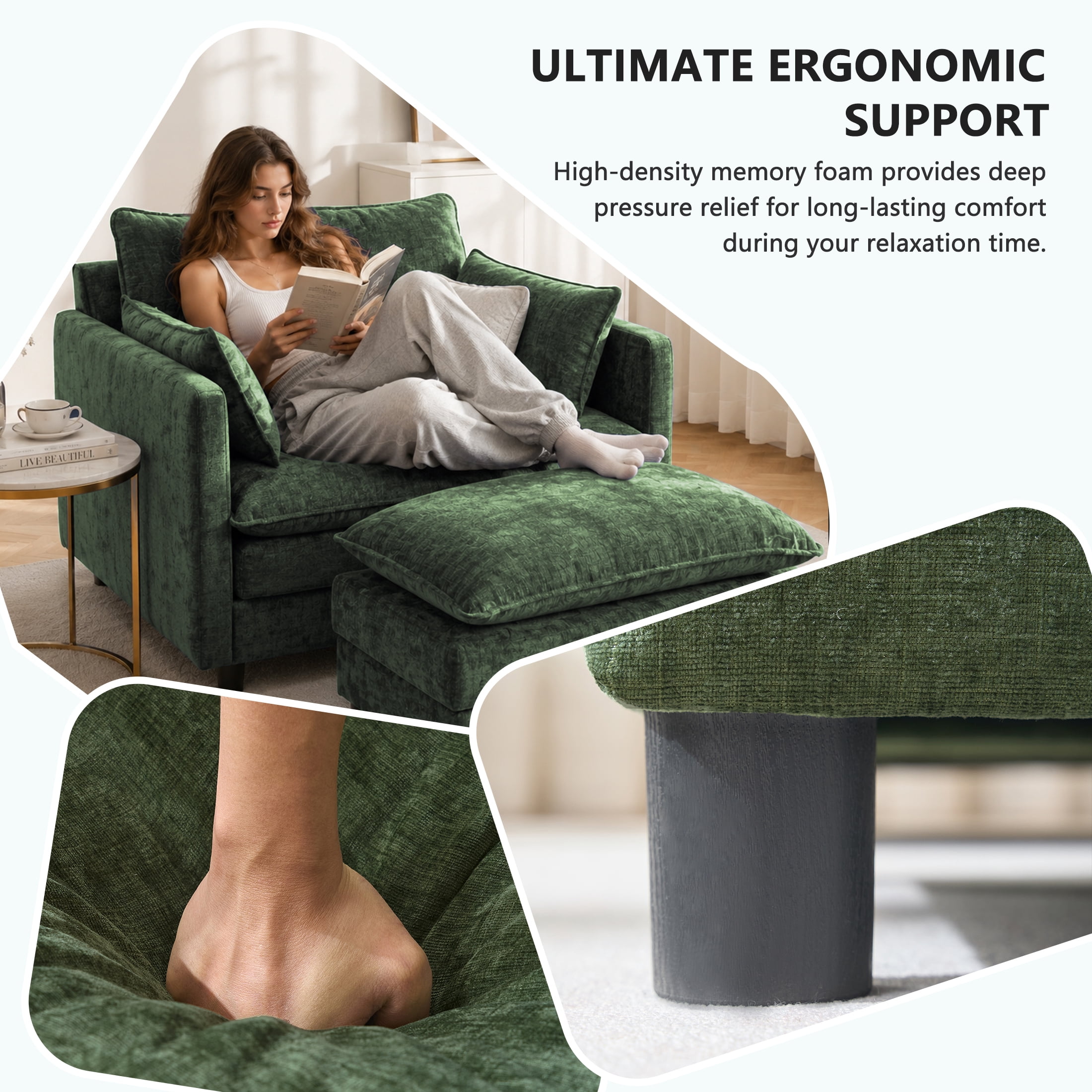 AISWORD Oversized Modular Sectional Sofa with Ottoman, Upholstered Deep Seat Chaise Lounge with Pillows for Living Room, Green