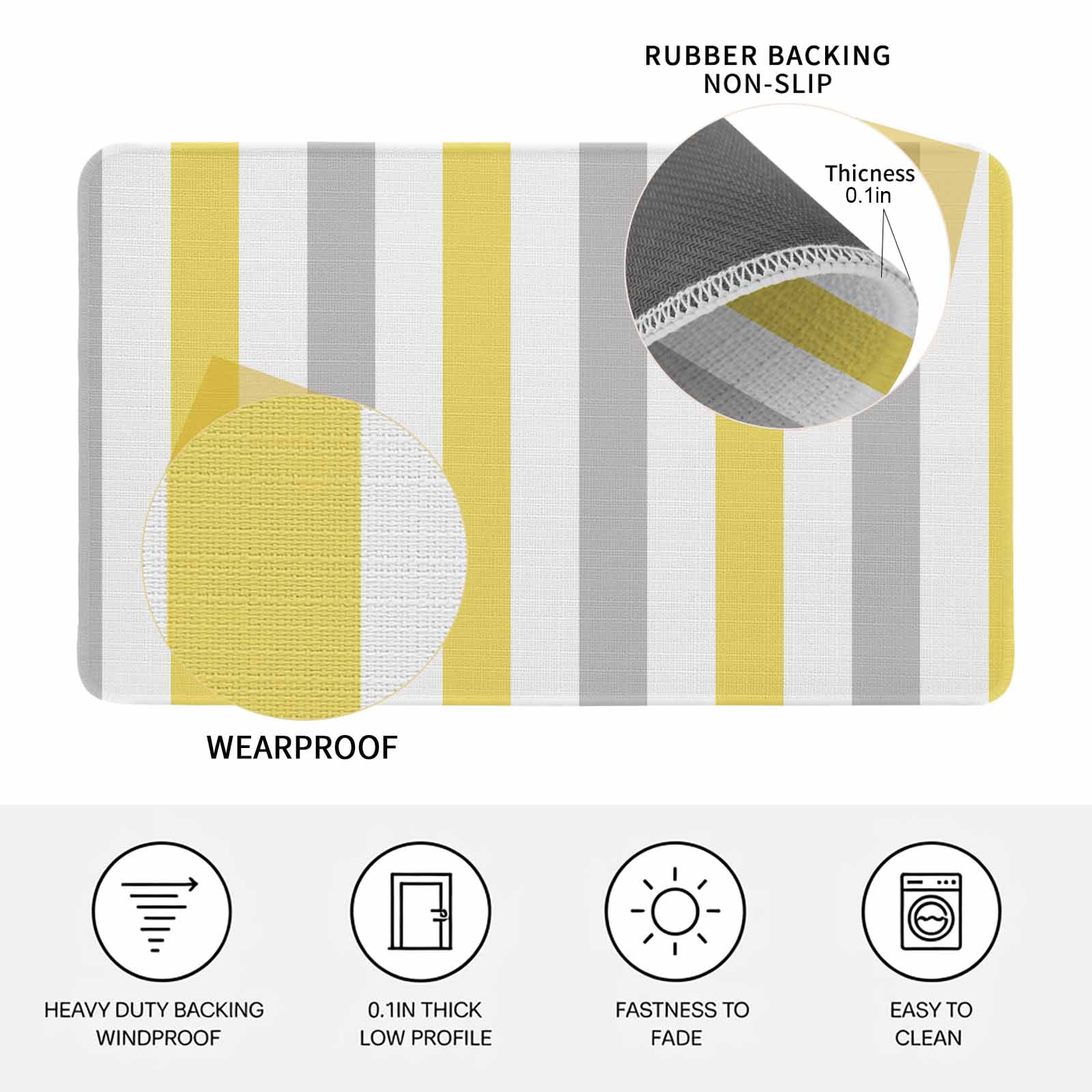 Yellow Grey Striped Doormat Outdoor Entrance 18"x30", Geometric Vertical Stripes White Absorb Moisture Dirt Door Mats, Non-Slip Rubber Backing Floor Mats Indoor, Low-Profile Front Door Rugs
