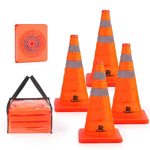 RoadHero 18 Inch 4 Pack Collapsible Traffic Safety Cones, Multi Purpose Pop-up Cones with Reflective Collar for Road Safety, Orange Cones for Driving