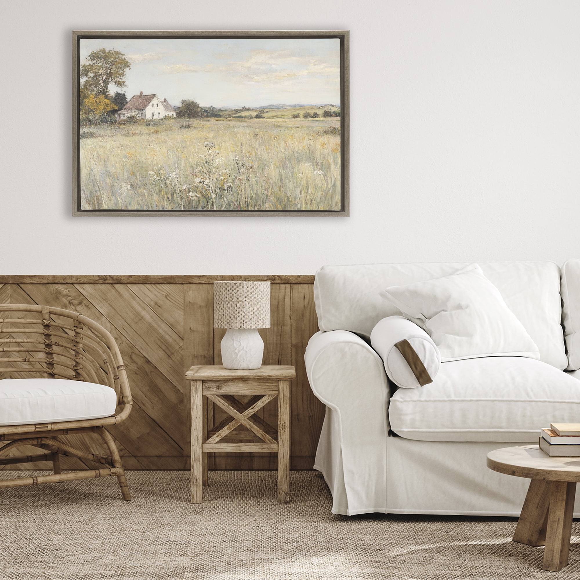 Stupell Industries Country Living in Golden Meadow Brown Framed Floater Canvas Wall Art, design by Petal Prints Design
