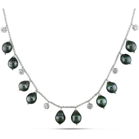 9-9.5mm Black Baroque Tahitian Pearl and 2-3/4 Carat T.G.W. CZ Sterling Silver Fashion Necklace, 16 with 2 Extender