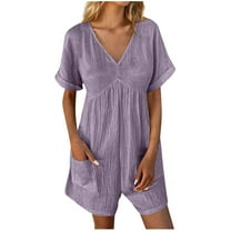ABATAB Summer Rompers for Women Cotton Linen Beach Flowy Short Sleeve V Neck Onesie Lightweight Wide Leg Shorts Jumpsuits with Pockets(Medium,Purple 1)