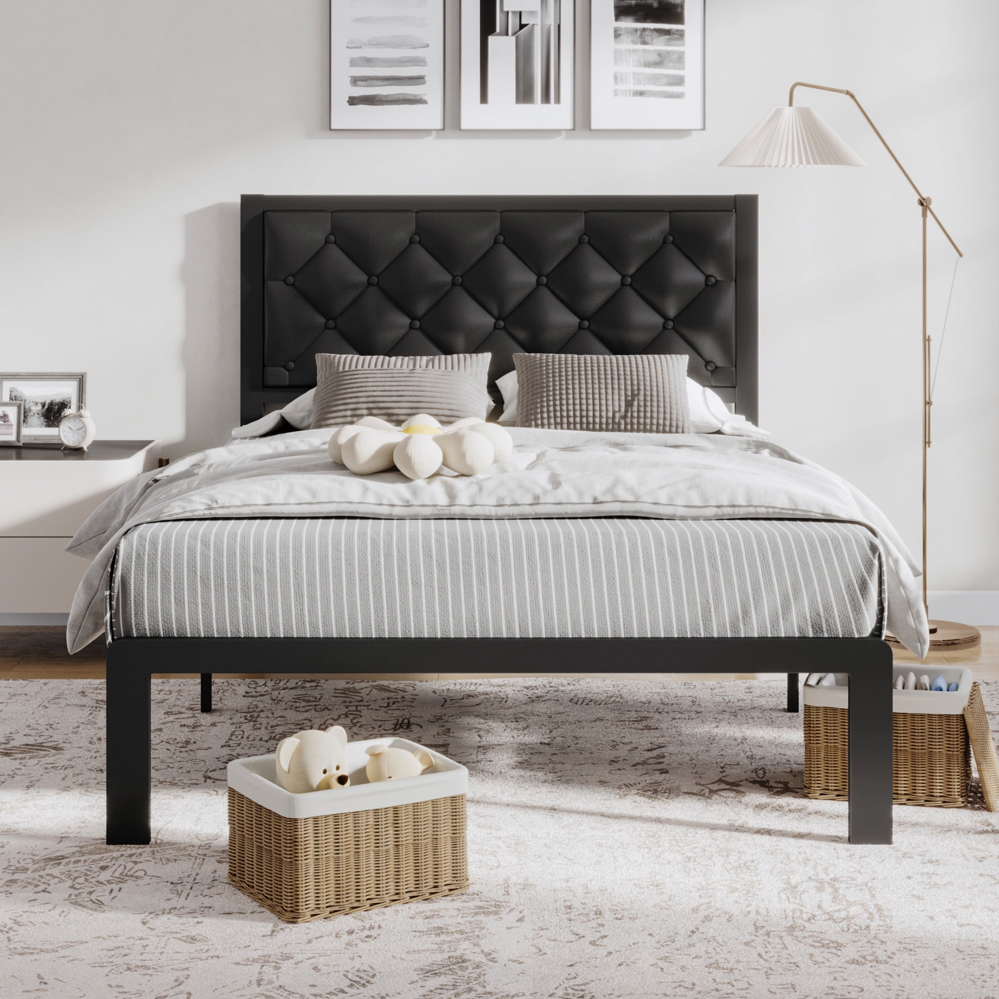 Lifezone Bed Frame with Headboard PU Leather Upholstered and All Metal Slats Support Platform, Twin