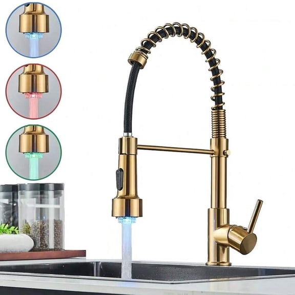 Zovajonia Kitchen Faucets with Pull Down Sprayer Brushed Gold LED Light Single Handle 1 or 3 Holes Sink Faucet with Deck Plate for Farmhouse RV