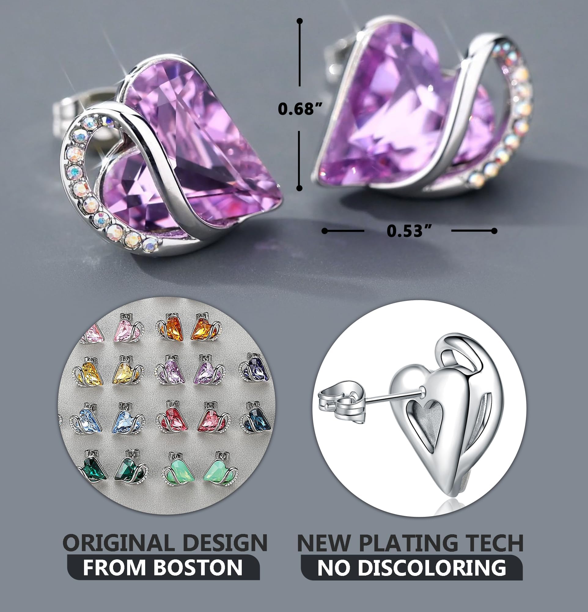 Leafael Earrings for Women with Birthstone Crystal for June, Mothers Day Gift for Mom, Heart Stud Post Earring with Alexandrite Lavender Purple Stone, Birthday Jewelry