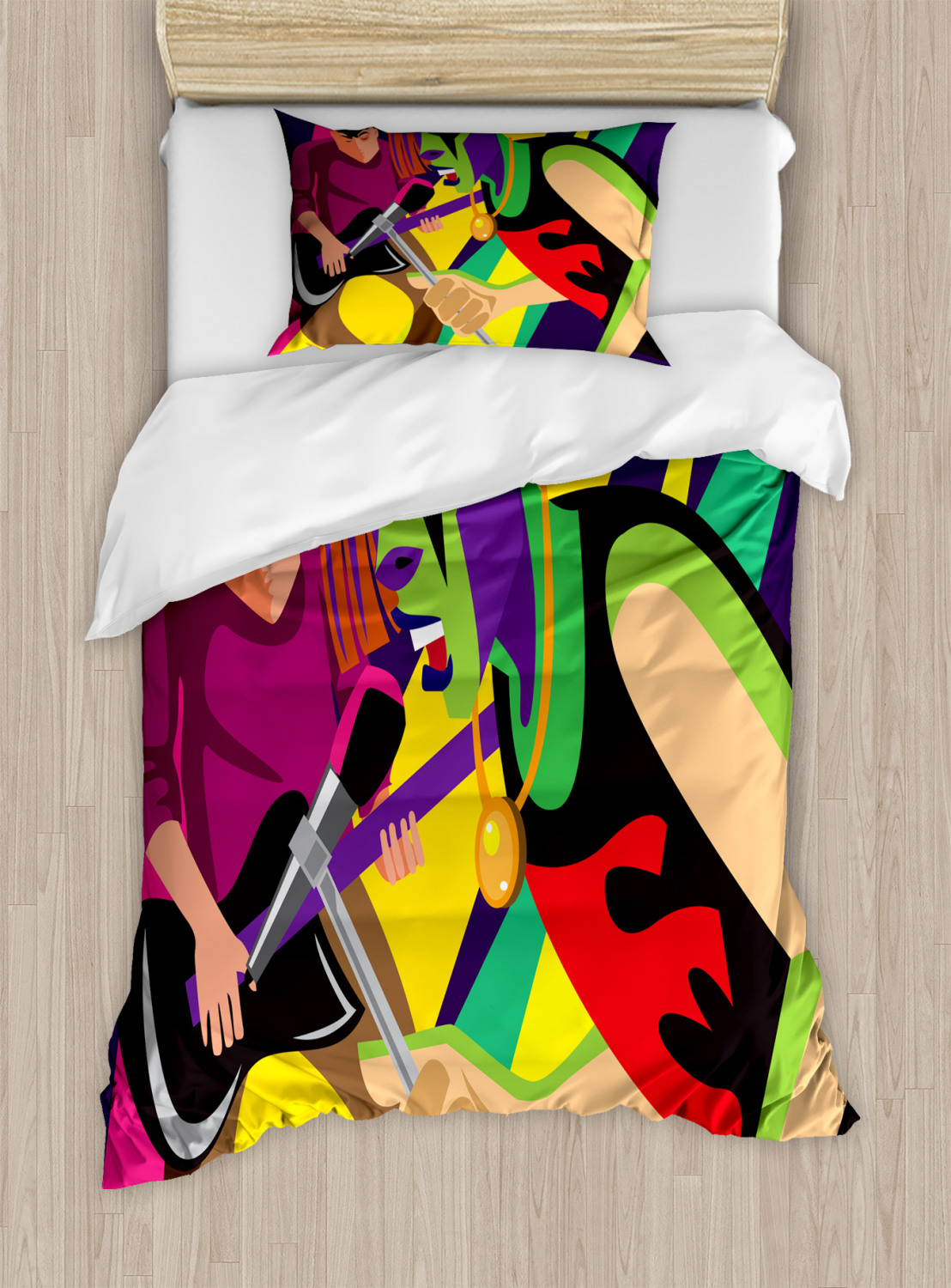 Rock and Roll Duvet Cover Set Twin Size, Gothic Heavy Tune Lovers in a