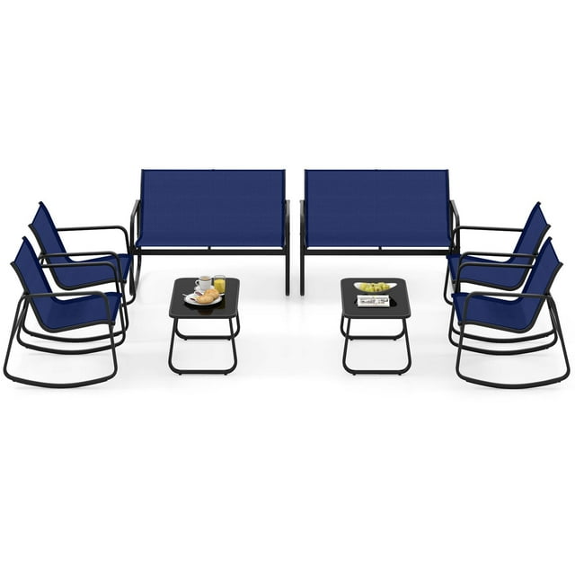 Costway Ensemble de Terrasse à Bascule 8 Pcs 4 Chaises Berçantes et Causeuse avec Table à Dessus en Verre Extérieur