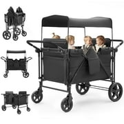 Wagon Stroller for 4 Kids, 4 Seater Stroller Wagon Foldable Featuring Dual Push Handles, Adjustable Canopy, 5-Point Harnesses and High Seat, Outdoor, Black