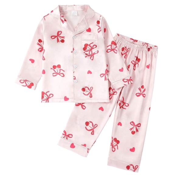 Zanarzt Valentines Day Pajamas Girls Valentines Pajamas Satin Pajama Set Silk Pjs Long Sleeve Button Down Trendy Sleepwear Loungewear Sets for Kids Pink,5-6 Years
